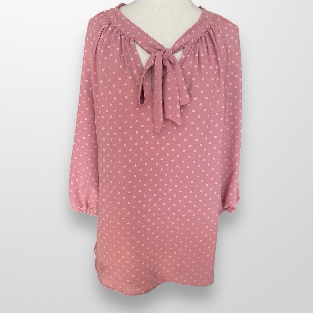 Olivia & Martin Womens  3X Top Shirt Blouse Pink Polka Dot Stretch 3/4 Sleeve‎